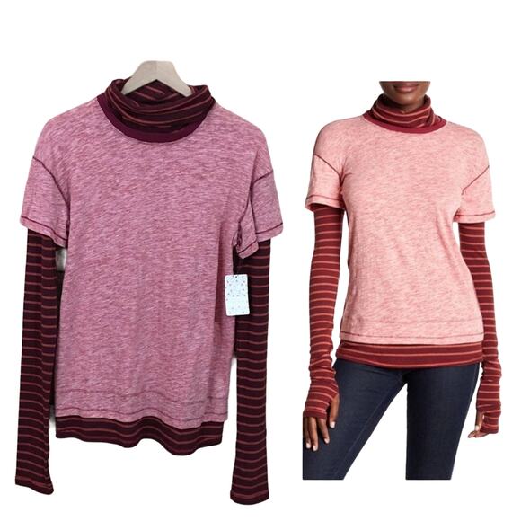 NWT Free People Piper Twofer Long Sleeve Tee – Washed Red Combo - Small - Picture 1 of 15